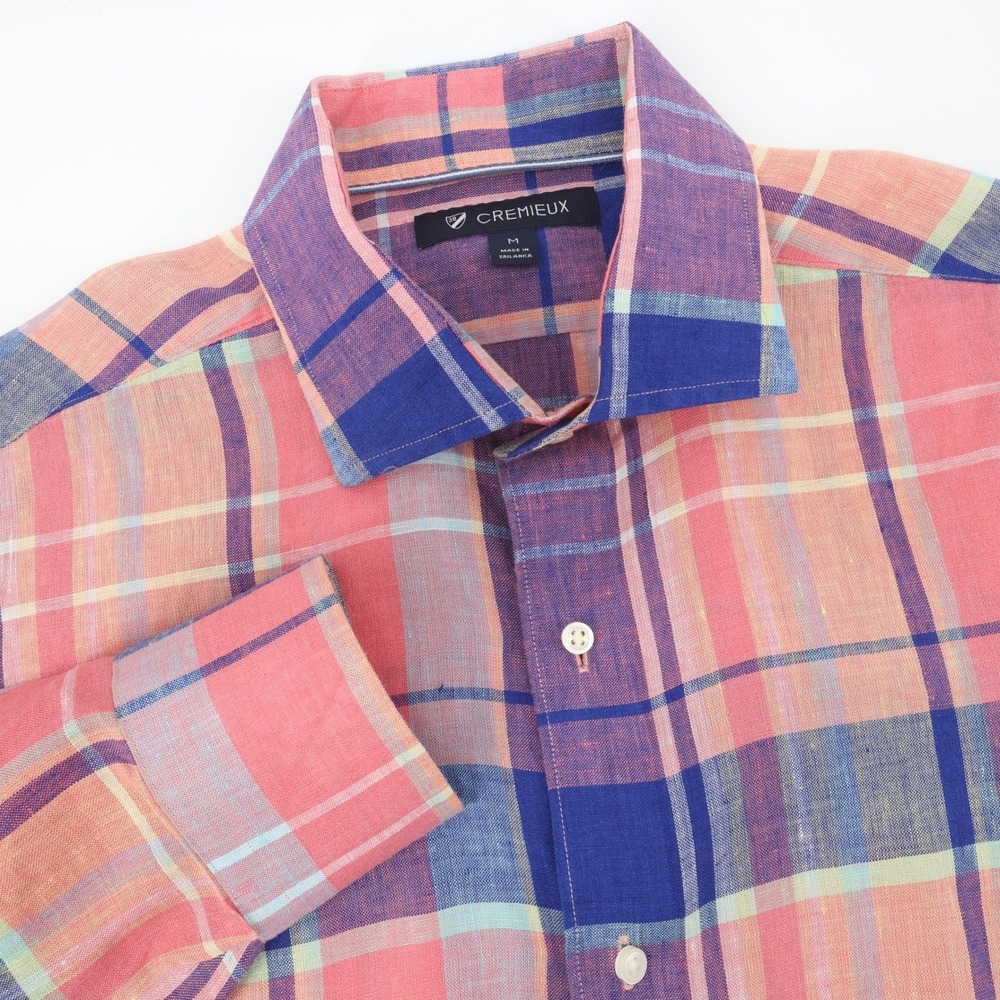 Cremieux Plaid Linen Button Down Shirt Multi Color Long Sleeve Mens Size M